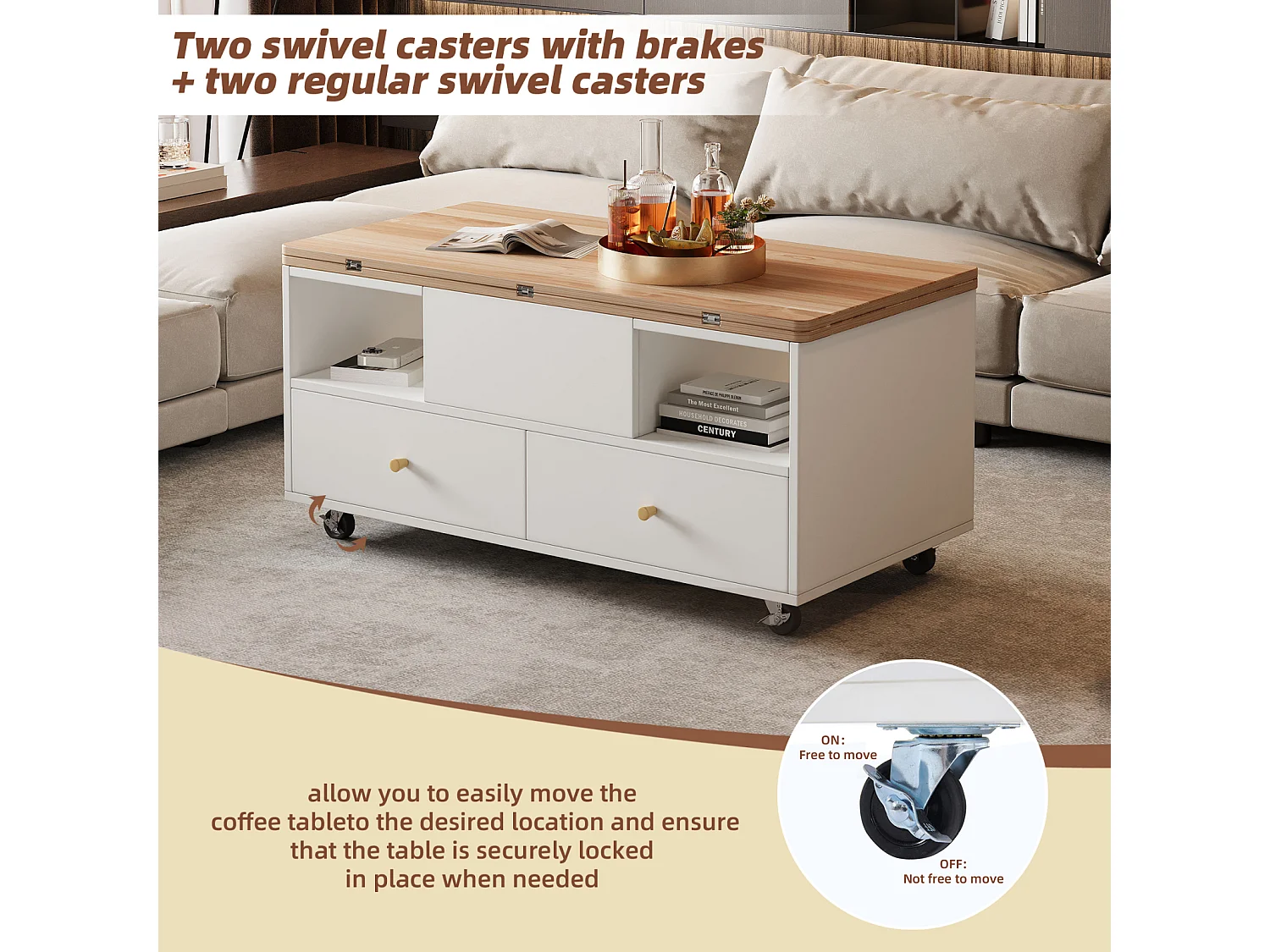 Table basse pliante réglable en hauteur - avec 4 tiroirs - mobile - 100 x 50 x 47,5 cm - Couleur bois