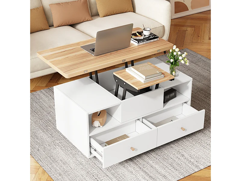 Table basse pliante réglable en hauteur - avec 4 tiroirs - mobile - 100 x 50 x 47,5 cm - Couleur bois