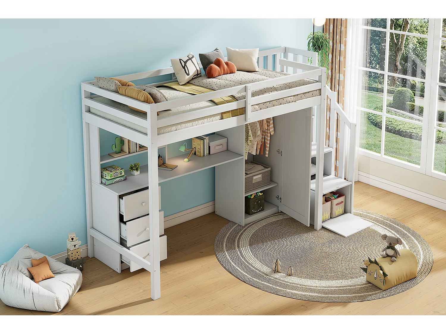 Lit mezzanine enfant 90x200cm avec bureau, 3 tiroirs et armoire - Blanc