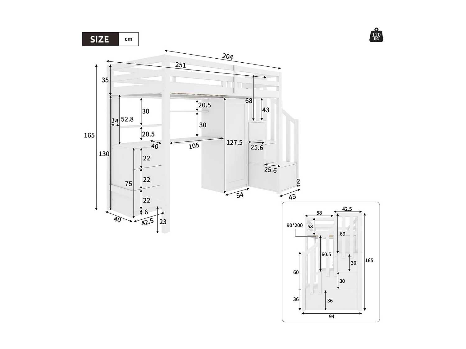 Lit mezzanine enfant 90x200cm avec bureau, 3 tiroirs et armoire - Blanc