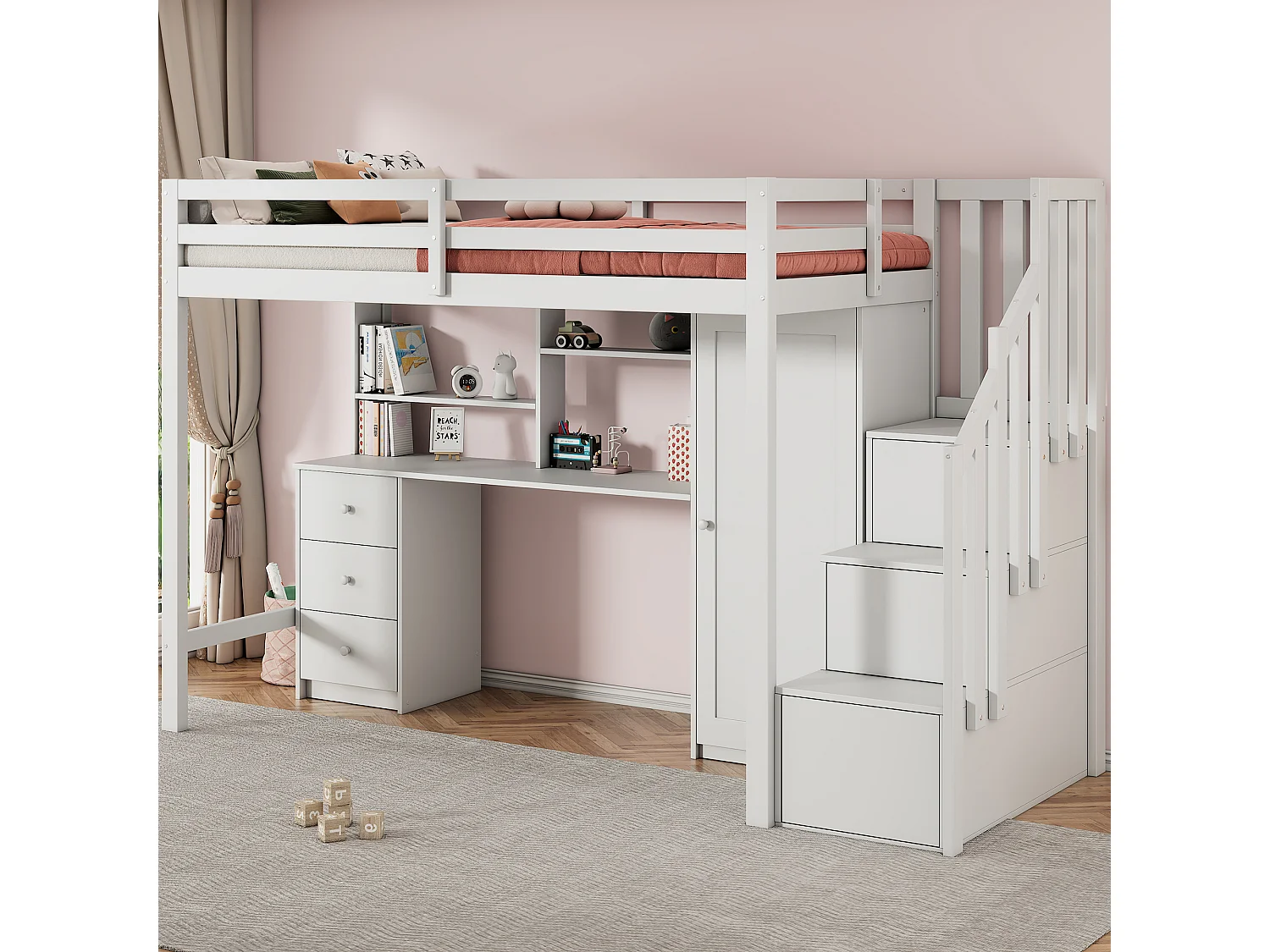 Lit mezzanine enfant 90x200cm avec bureau, 3 tiroirs et armoire - Blanc