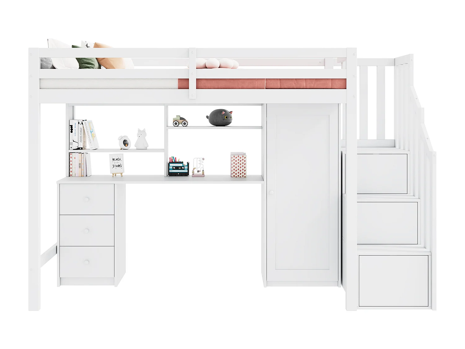 Lit mezzanine enfant 90x200cm avec bureau, 3 tiroirs et armoire - Blanc