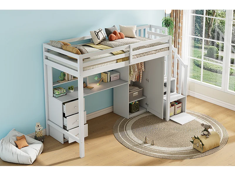 Lit mezzanine enfant 90x200cm avec bureau, 3 tiroirs et armoire - Blanc