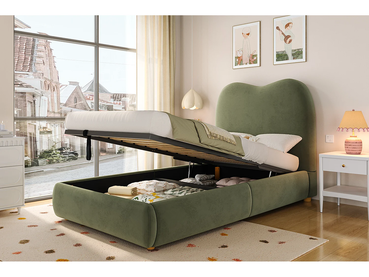 Lit coffre enfant 90x200cm en velours vert - Lit rembourré avec tête de lit