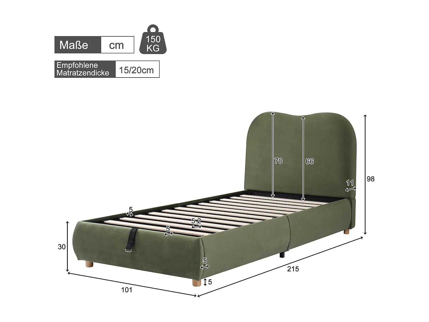 Lit coffre enfant 90x200cm en velours vert - Lit rembourré avec tête de lit