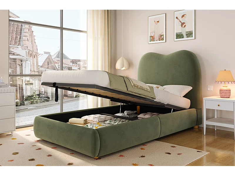 Lit coffre enfant 90x200cm en velours vert - Lit rembourré avec tête de lit