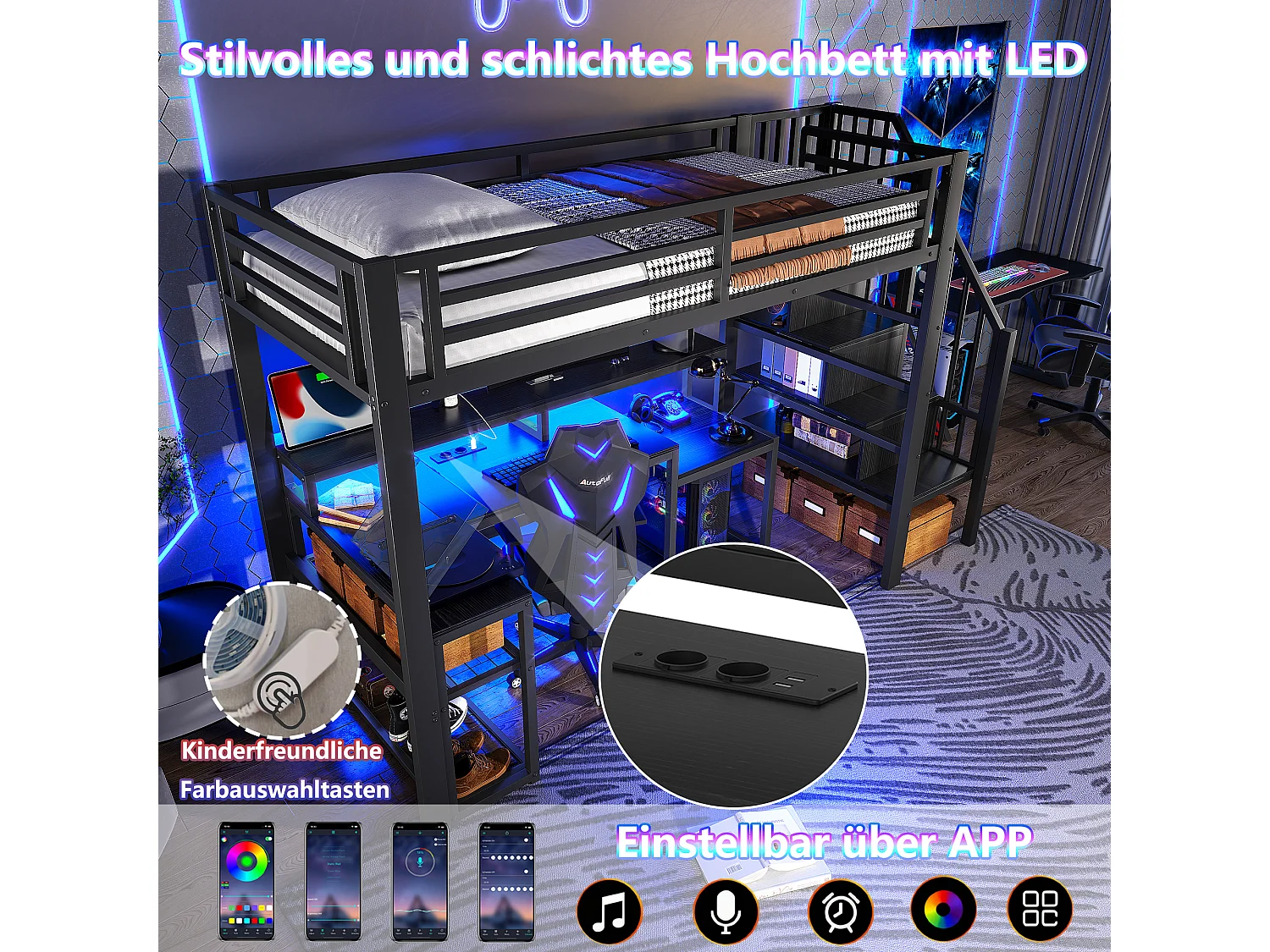 Lit mezzanine enfant - 90 x 200 cm - structure en fer - avec étagère + escalier de rangement + Leds + bureau + USB - métal - noir