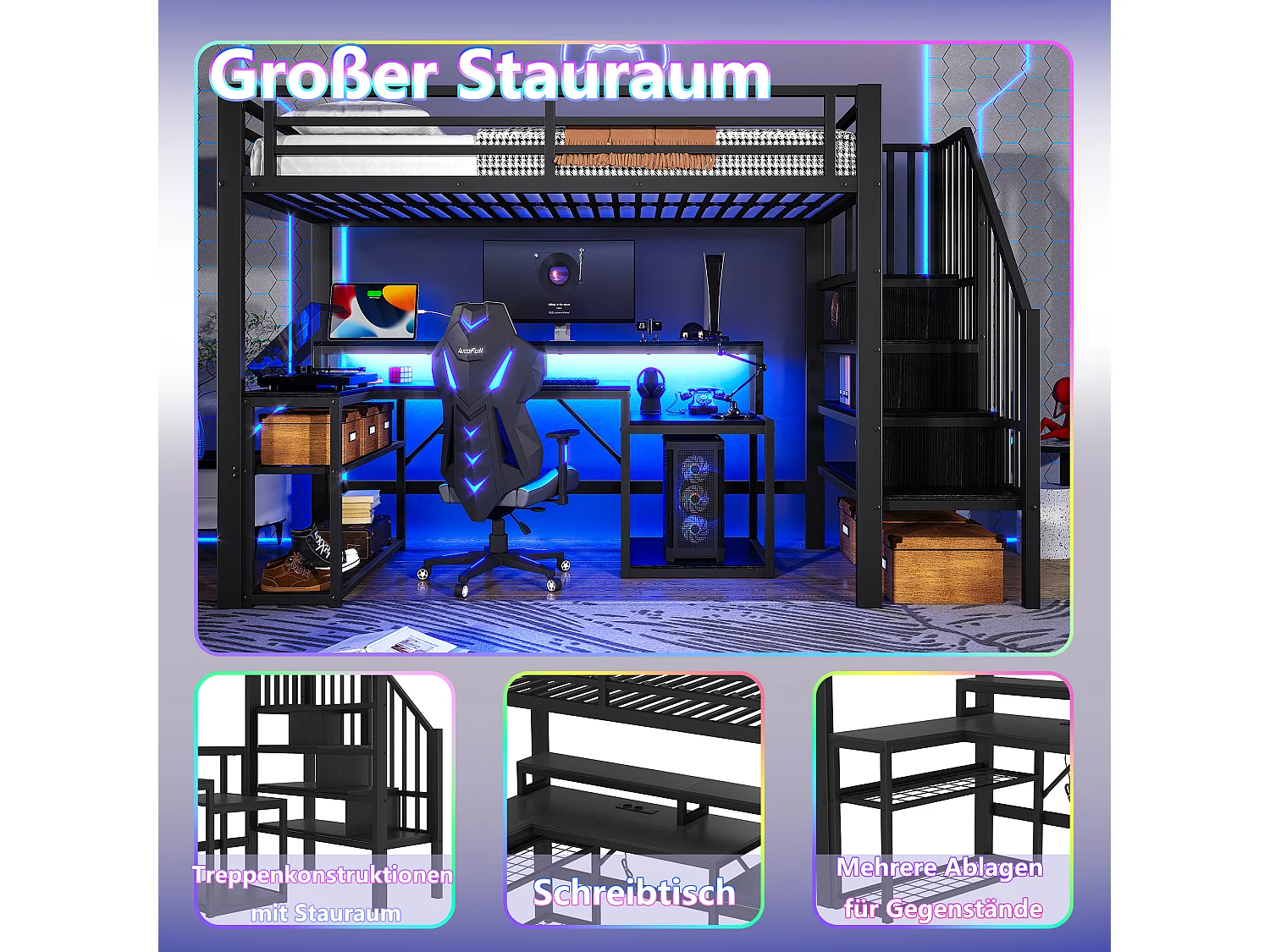 Lit mezzanine enfant - 90 x 200 cm - structure en fer - avec étagère + escalier de rangement + Leds + bureau + USB - métal - noir