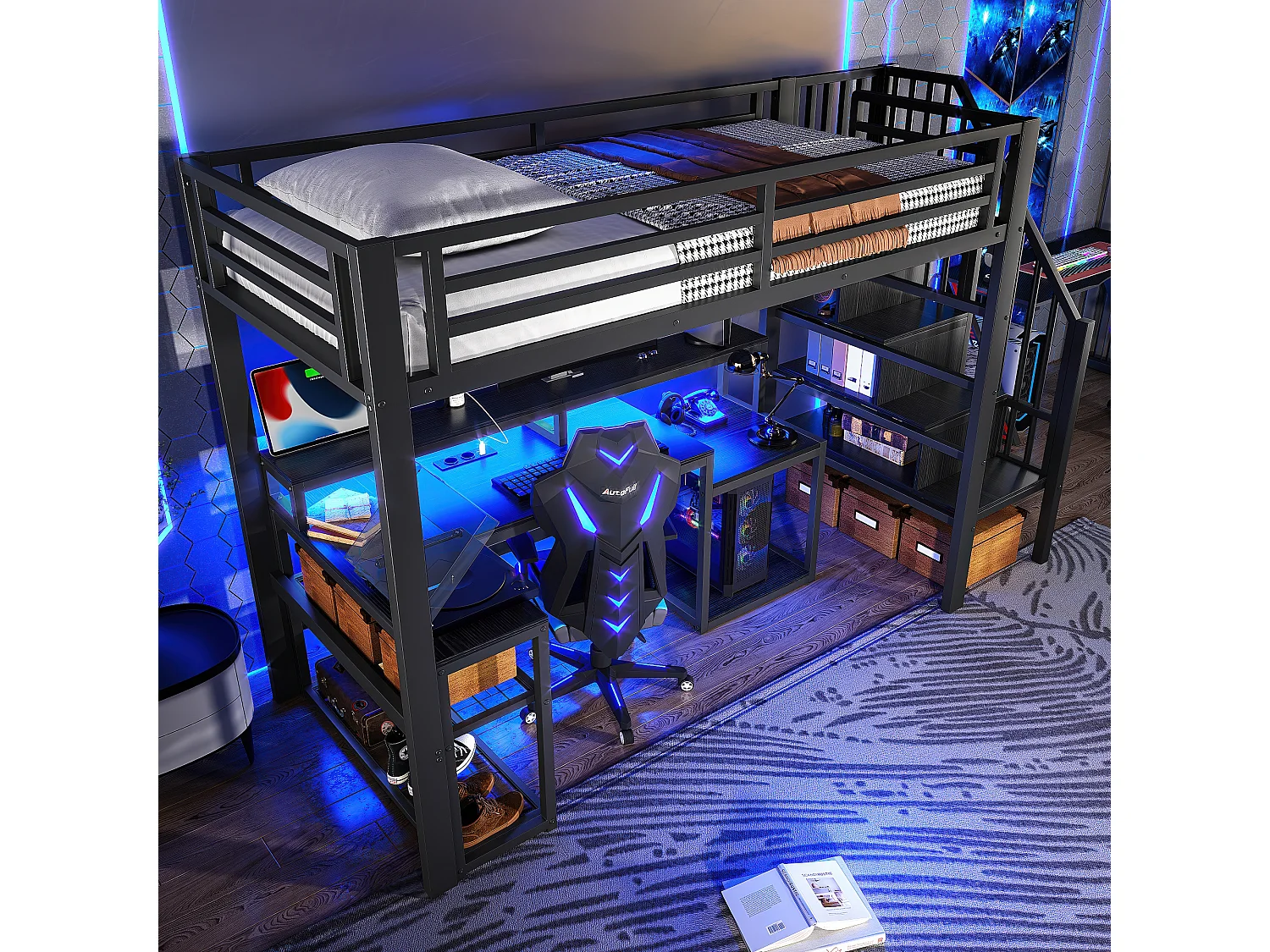 Lit mezzanine enfant - 90 x 200 cm - structure en fer - avec étagère + escalier de rangement + Leds + bureau + USB - métal - noir