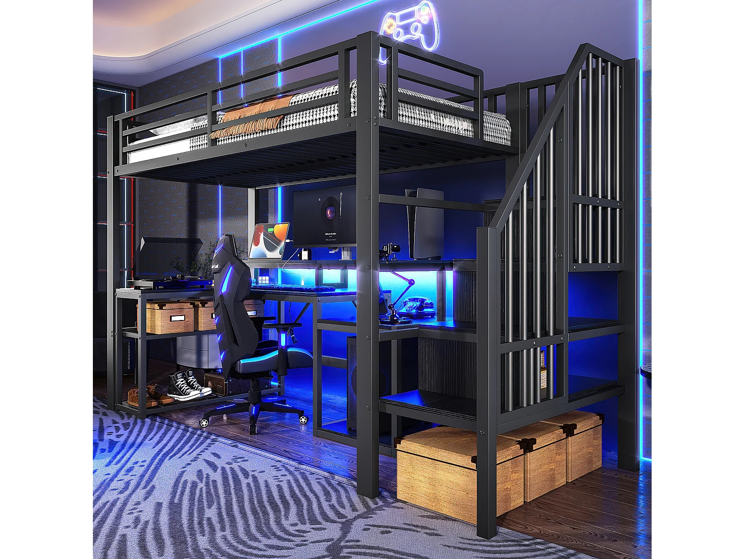 Lit mezzanine enfant - 90 x 200 cm - structure en fer - avec étagère + escalier de rangement + Leds + bureau + USB - métal - noir