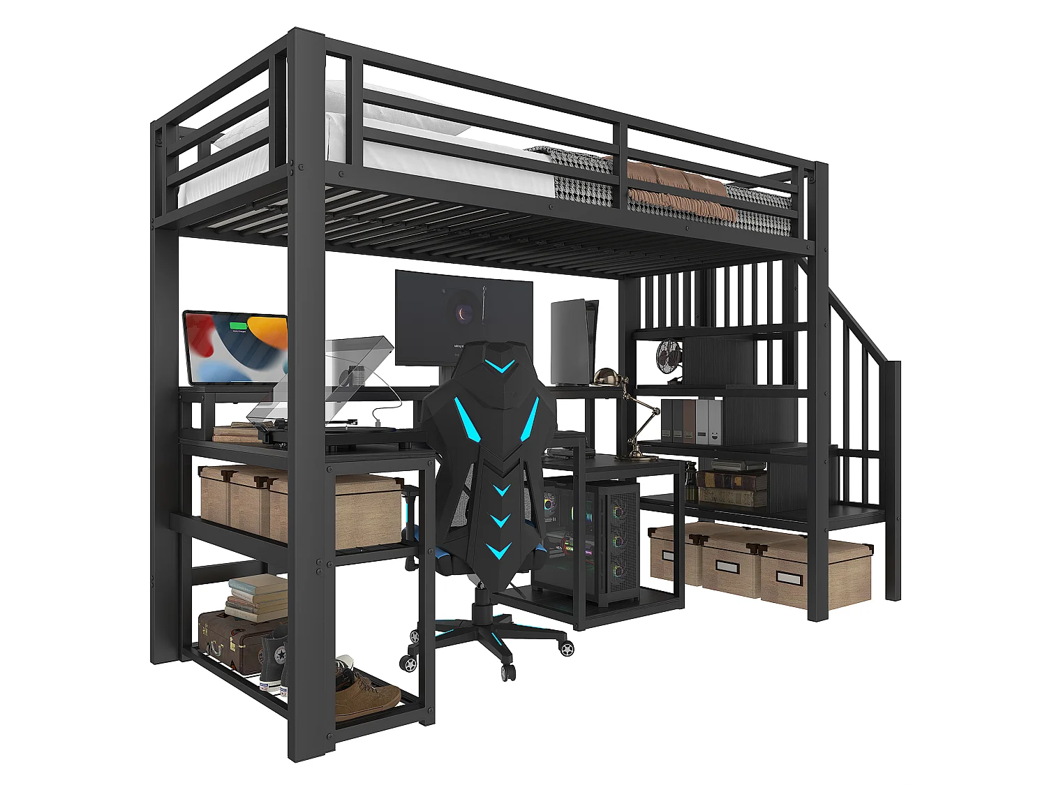 Lit mezzanine enfant - 90 x 200 cm - structure en fer - avec étagère + escalier de rangement + Leds + bureau + USB - métal - noir