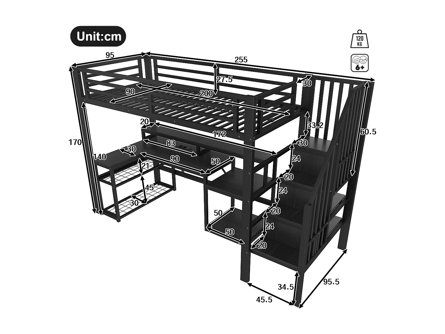 Lit mezzanine enfant - 90 x 200 cm - structure en fer - avec étagère + escalier de rangement + Leds + bureau + USB - métal - noir