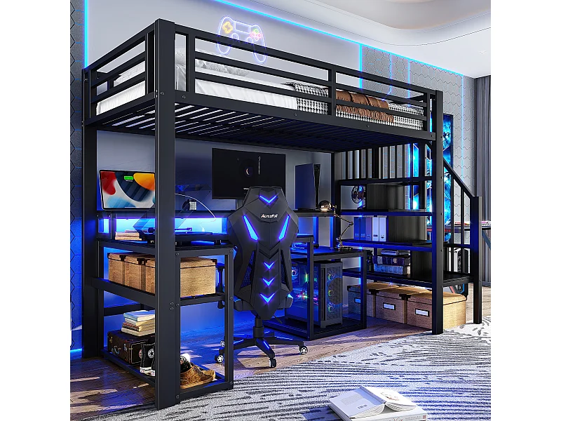 Lit mezzanine enfant - 90 x 200 cm - structure en fer - avec étagère + escalier de rangement + Leds + bureau + USB - métal - noir