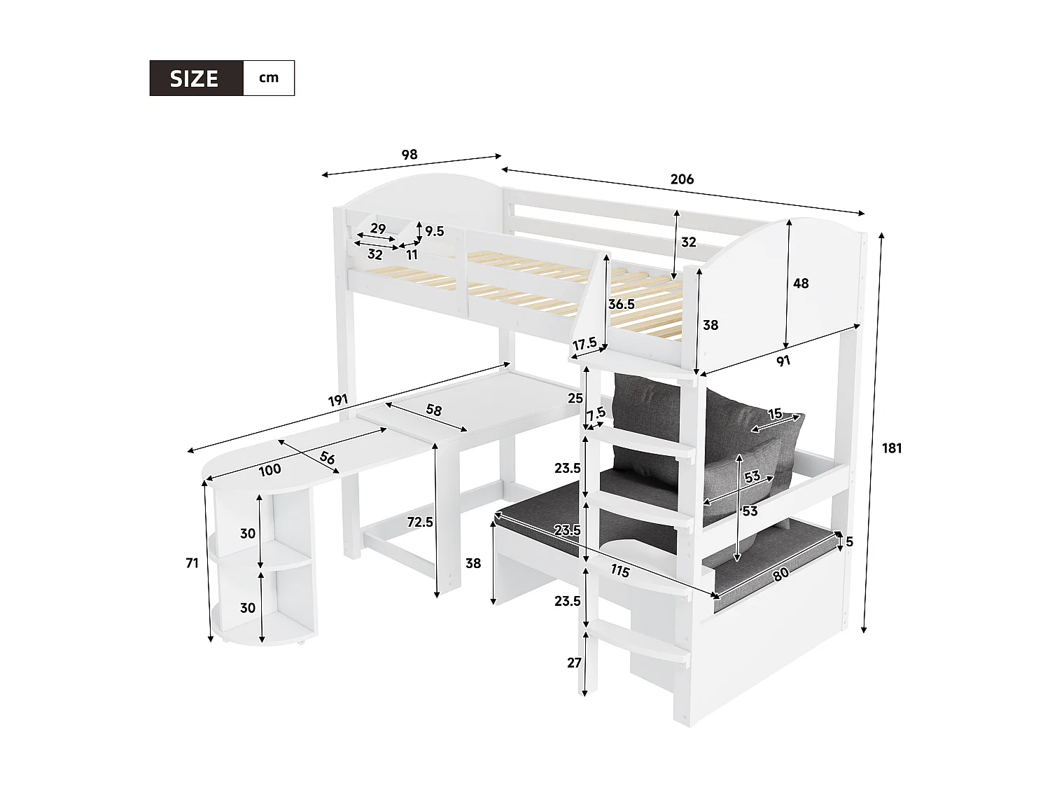Letto a soppalco 90x200cm con tavolo scorrevole - Letto per bambini con 3 cuscini e guanciali - Bianco