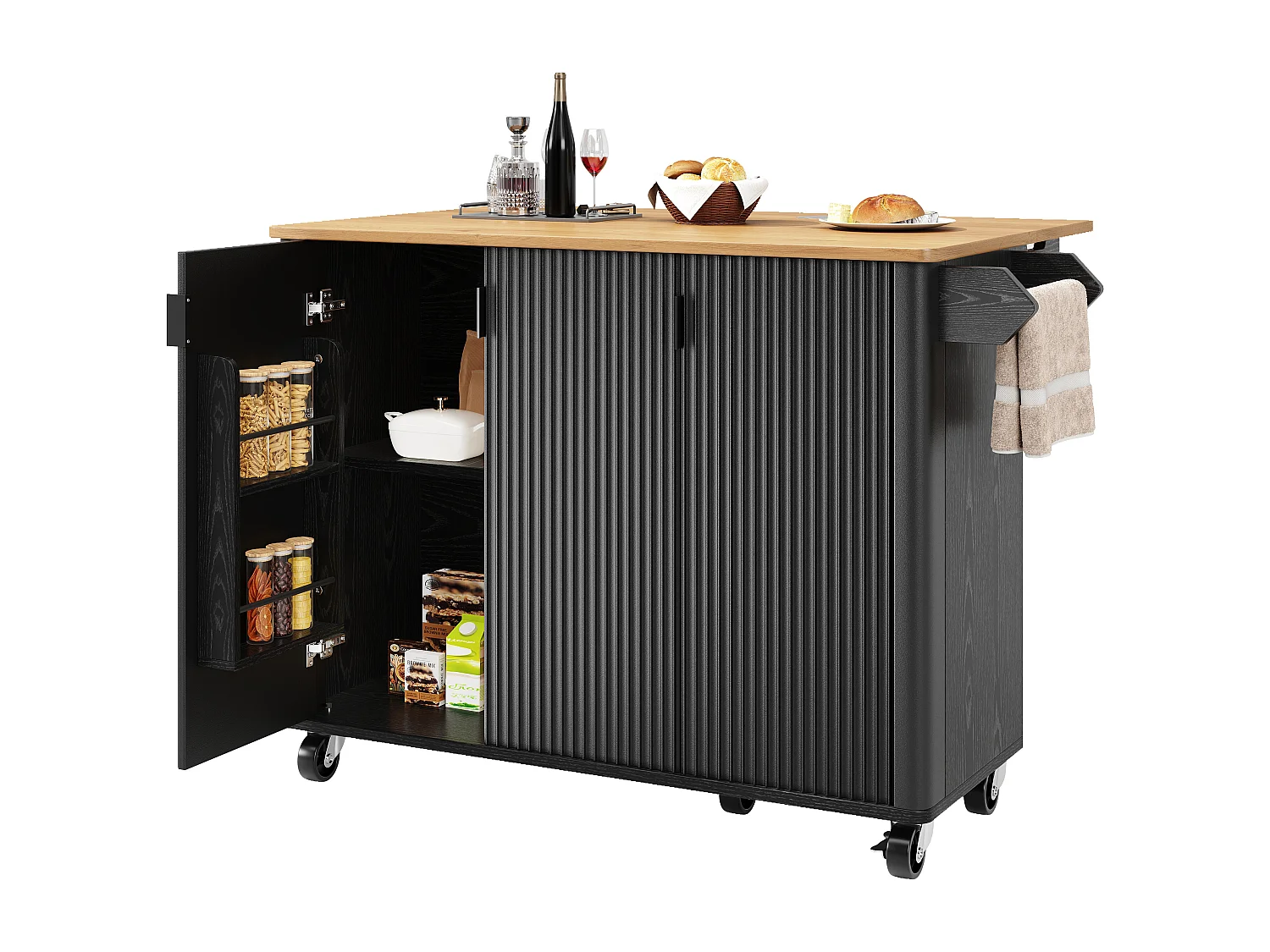 Îlot central de cuisine avec 3 portes- Desserte en bois MDF - Noir et naturel clair