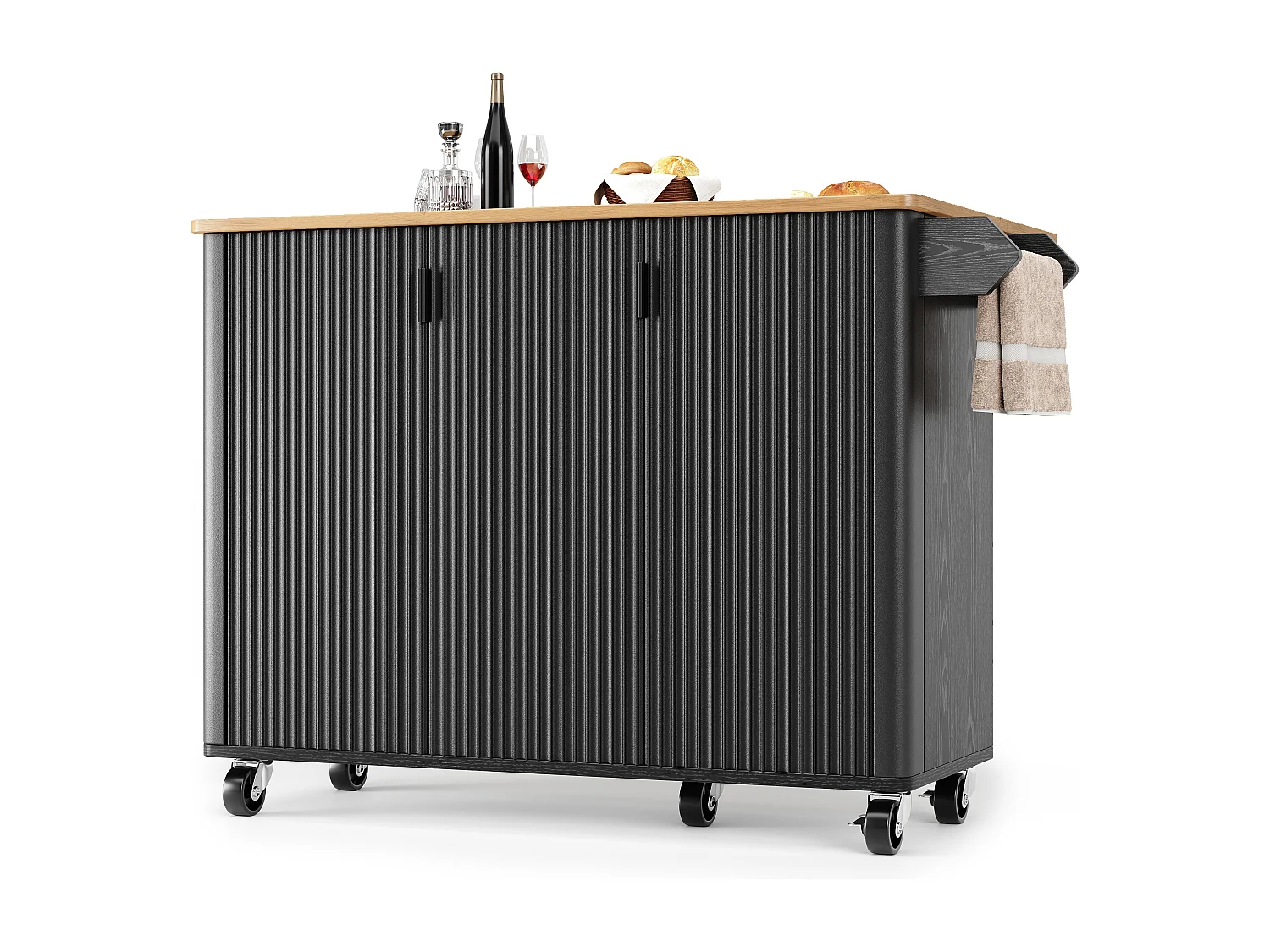 Îlot central de cuisine avec 3 portes- Desserte en bois MDF - Noir et naturel clair