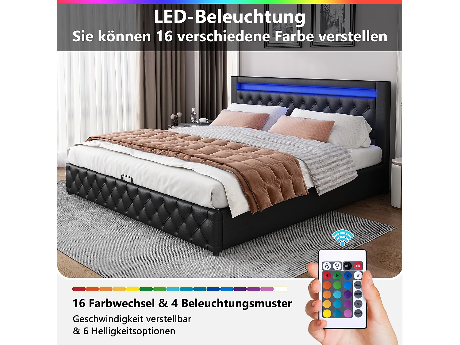 Gestoffeerd opbergbed - 140 x 190 cm - met lattenbodem + hydraulische opbergruimte + LED-verlichting - PU - zwart