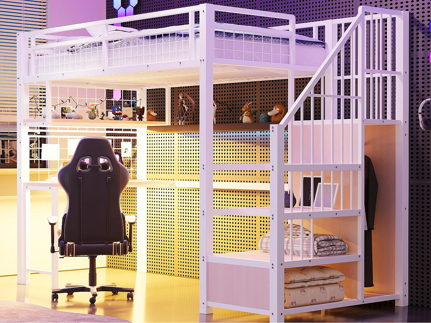 Metall-Hochbett 90x200 cm - mit LED-Beleuchtung und Ladestation - beinhaltet Aufstiegsleiter mit Stauraum - mit Regalen und Schreibtisch - weiß