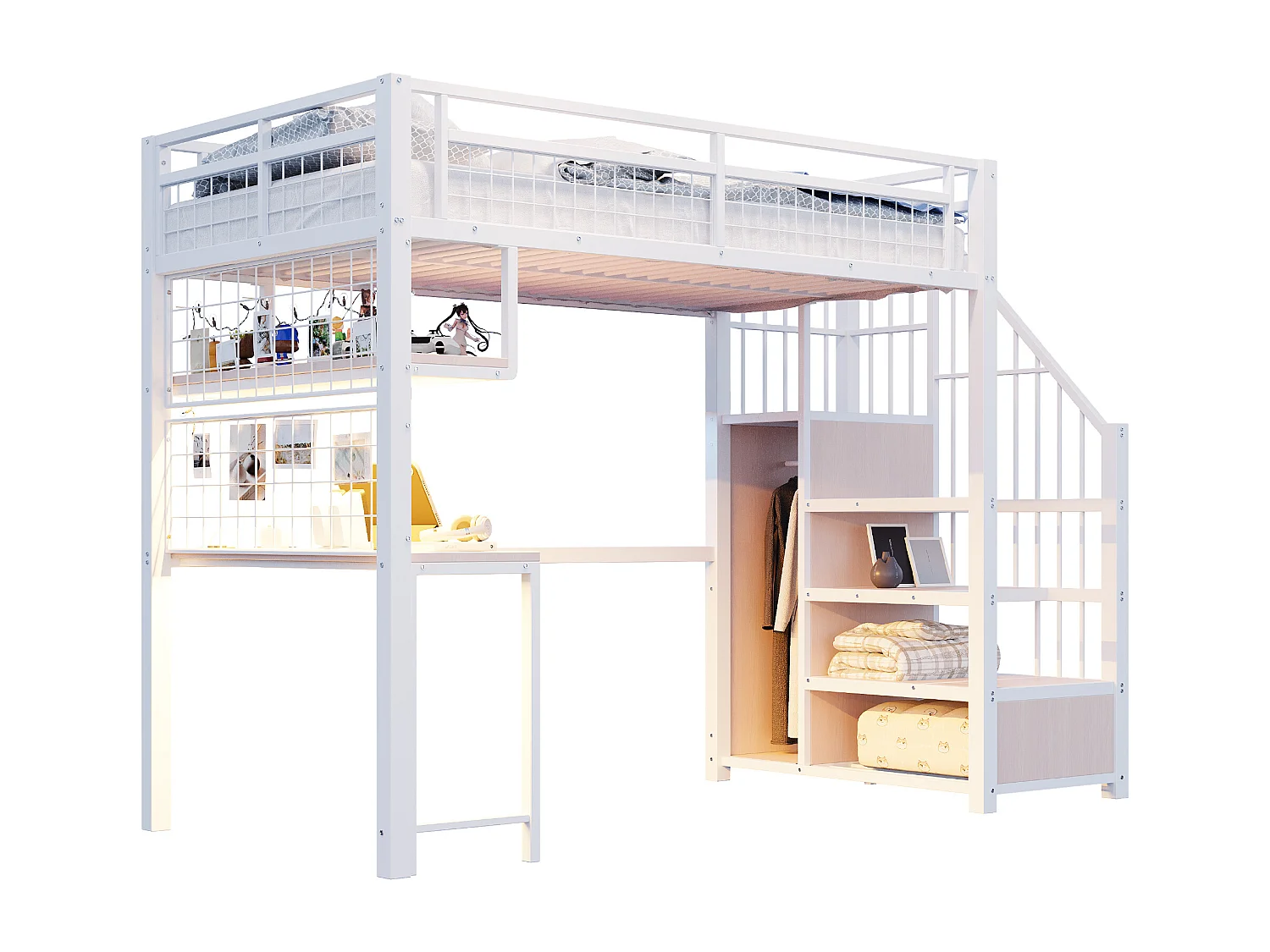 Metall-Hochbett 90x200 cm - mit LED-Beleuchtung und Ladestation - beinhaltet Aufstiegsleiter mit Stauraum - mit Regalen und Schreibtisch - weiß