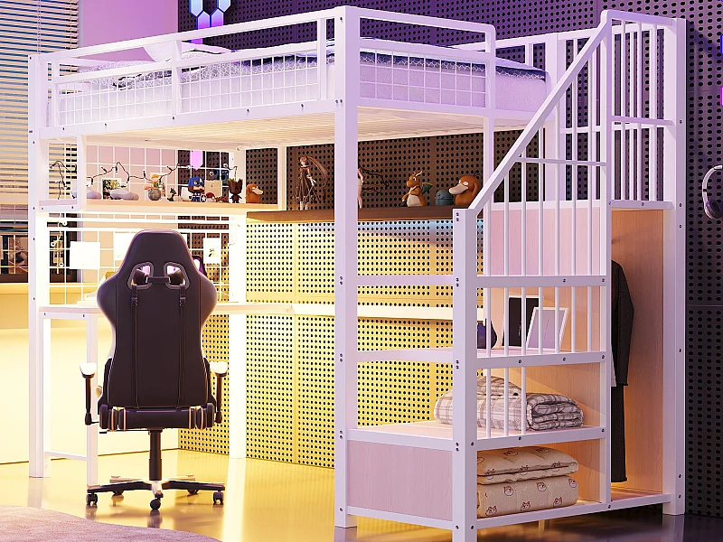 Metall-Hochbett 90x200 cm - mit LED-Beleuchtung und Ladestation - beinhaltet Aufstiegsleiter mit Stauraum - mit Regalen und Schreibtisch - weiß