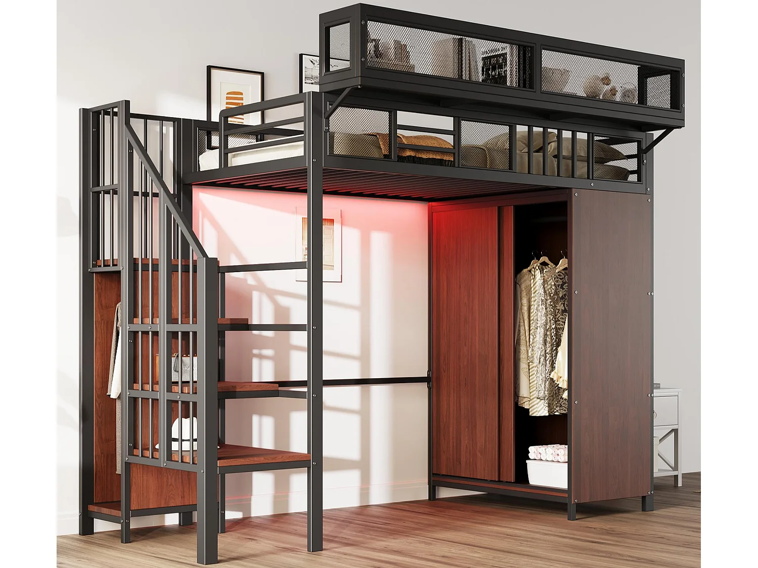 Lit mezzanine en métal 90x200cm - avec armoire - avec échelle de sécurité - avec éclairage LED - noir (Matelas non inclus)