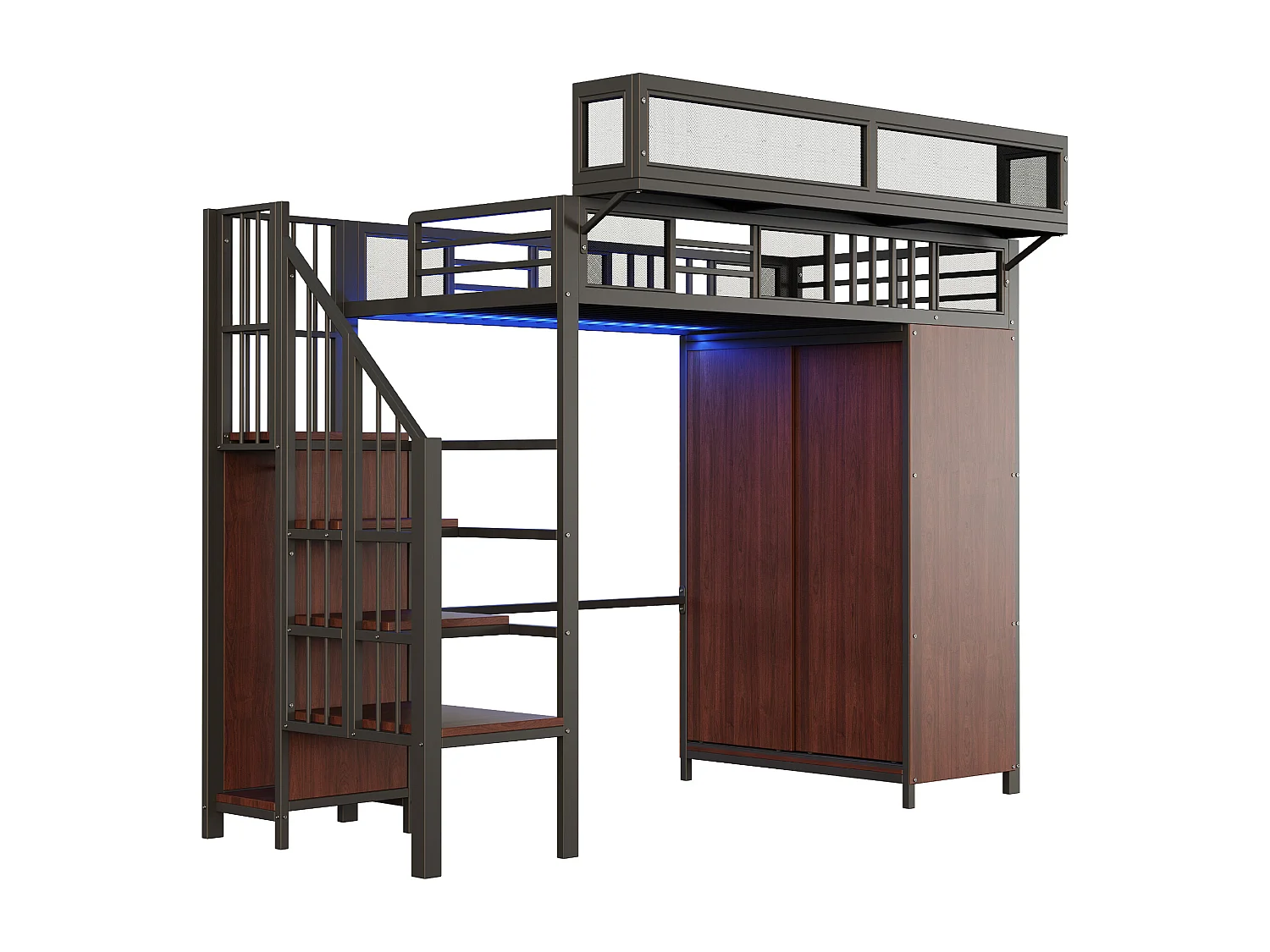 Lit mezzanine en métal 90x200cm - avec armoire - avec échelle de sécurité - avec éclairage LED - noir (Matelas non inclus)