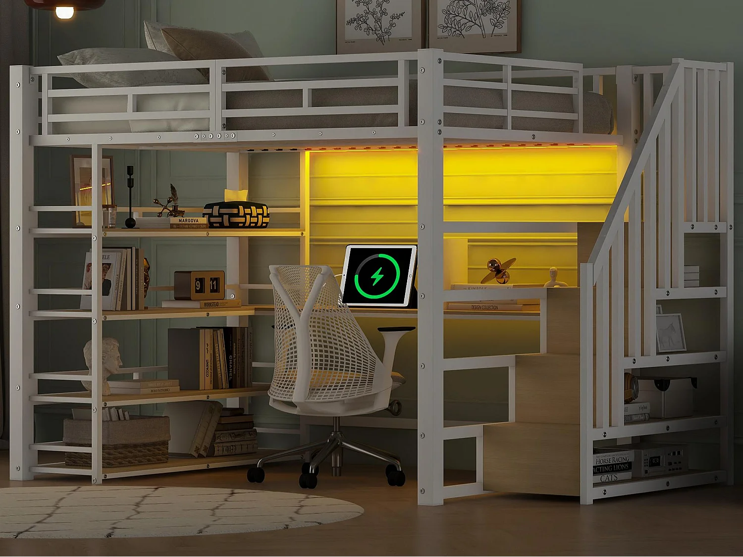 Metall-Hochbett 140x200cm - mit Schreibtisch und Staufächern - mit LED-Licht und USB-Anschluss - MDF - Weiß​ (Matratze nicht inbegriffen)