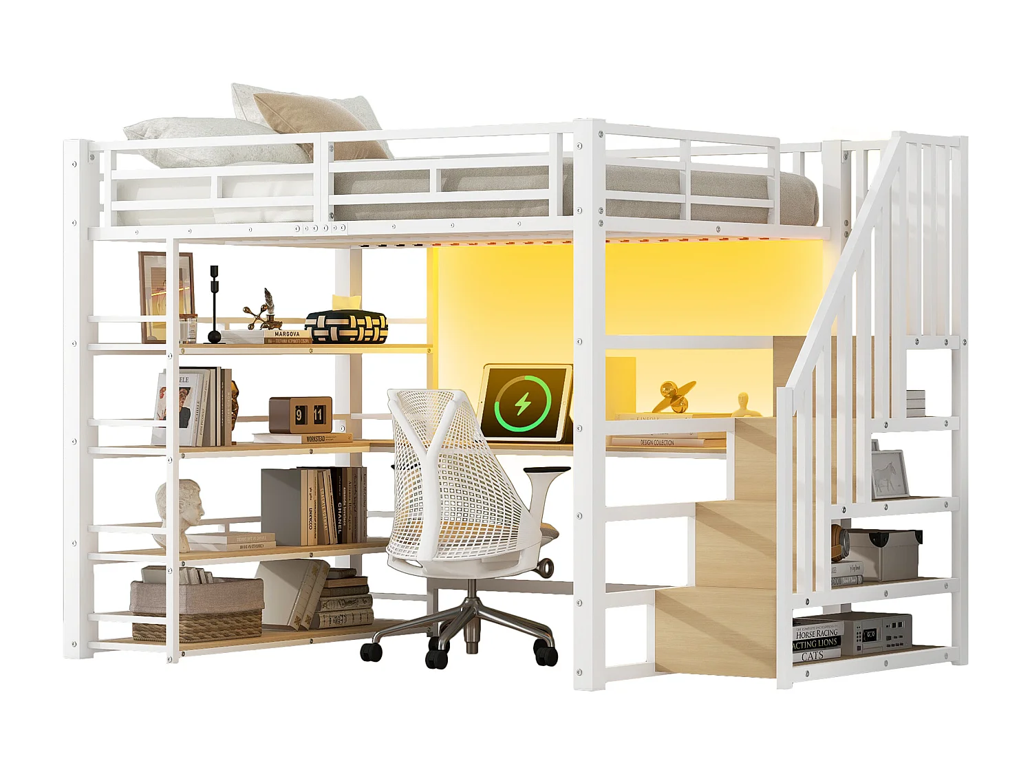 Metall-Hochbett 140x200cm - mit Schreibtisch und Staufächern - mit LED-Licht und USB-Anschluss - MDF - Weiß​ (Matratze nicht inbegriffen)