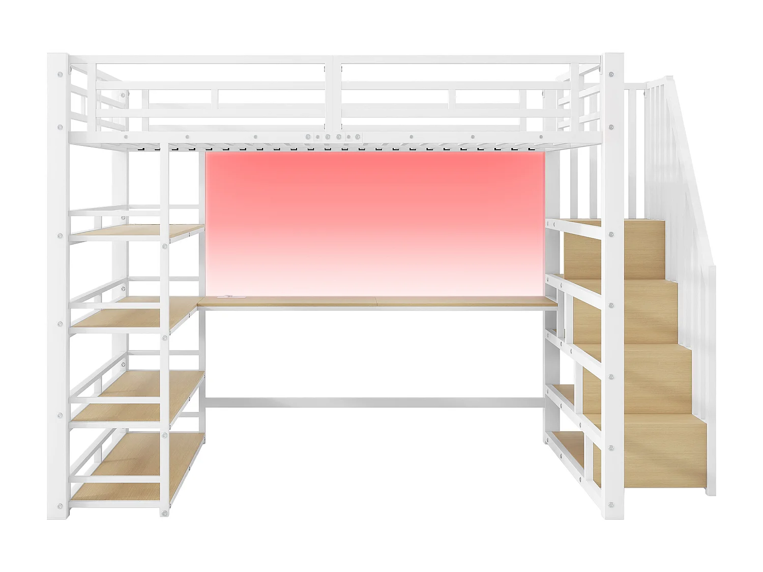 Metall-Hochbett 140x200cm - mit Schreibtisch und Staufächern - mit LED-Licht und USB-Anschluss - MDF - Weiß​ (Matratze nicht inbegriffen)
