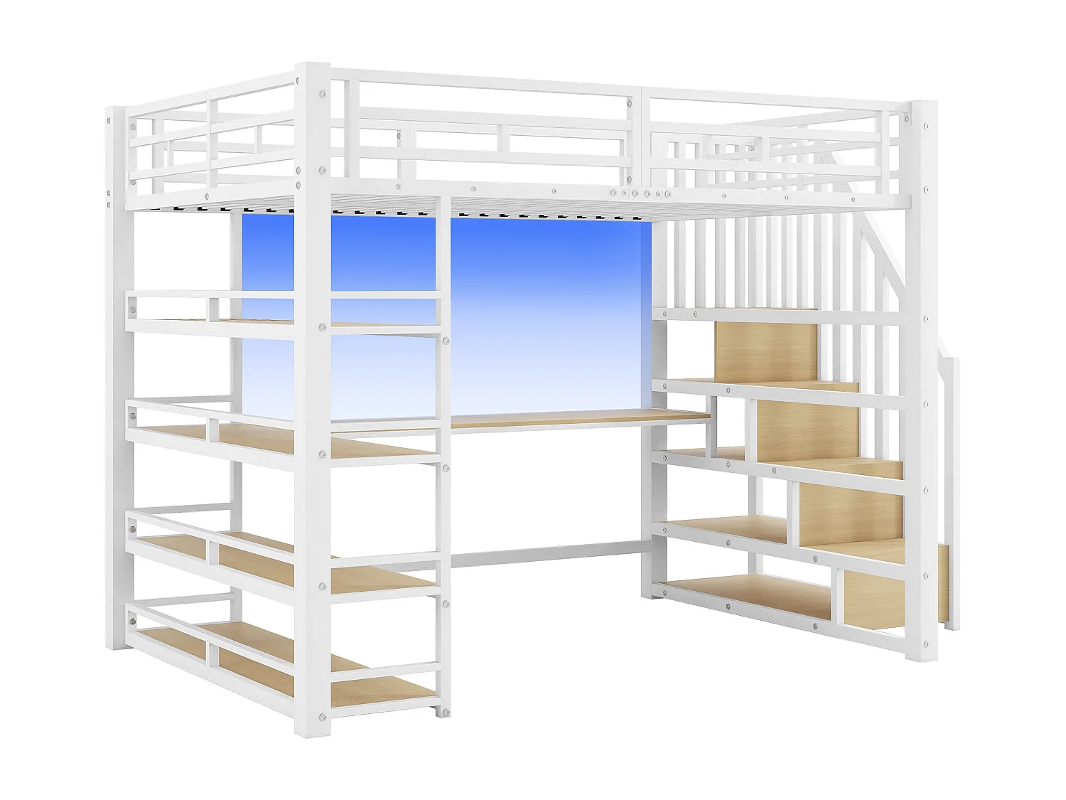 Metall-Hochbett 140x200cm - mit Schreibtisch und Staufächern - mit LED-Licht und USB-Anschluss - MDF - Weiß​ (Matratze nicht inbegriffen)