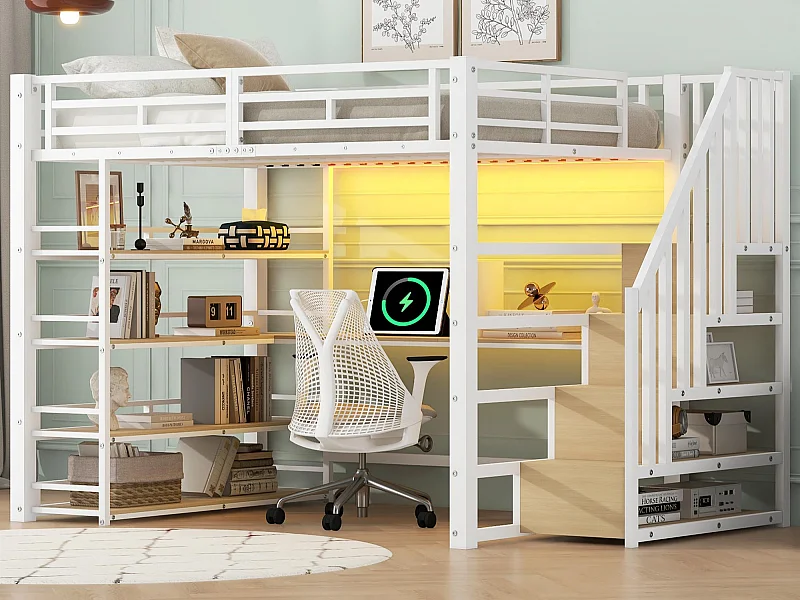 Metall-Hochbett 140x200cm - mit Schreibtisch und Staufächern - mit LED-Licht und USB-Anschluss - MDF - Weiß​ (Matratze nicht inbegriffen)