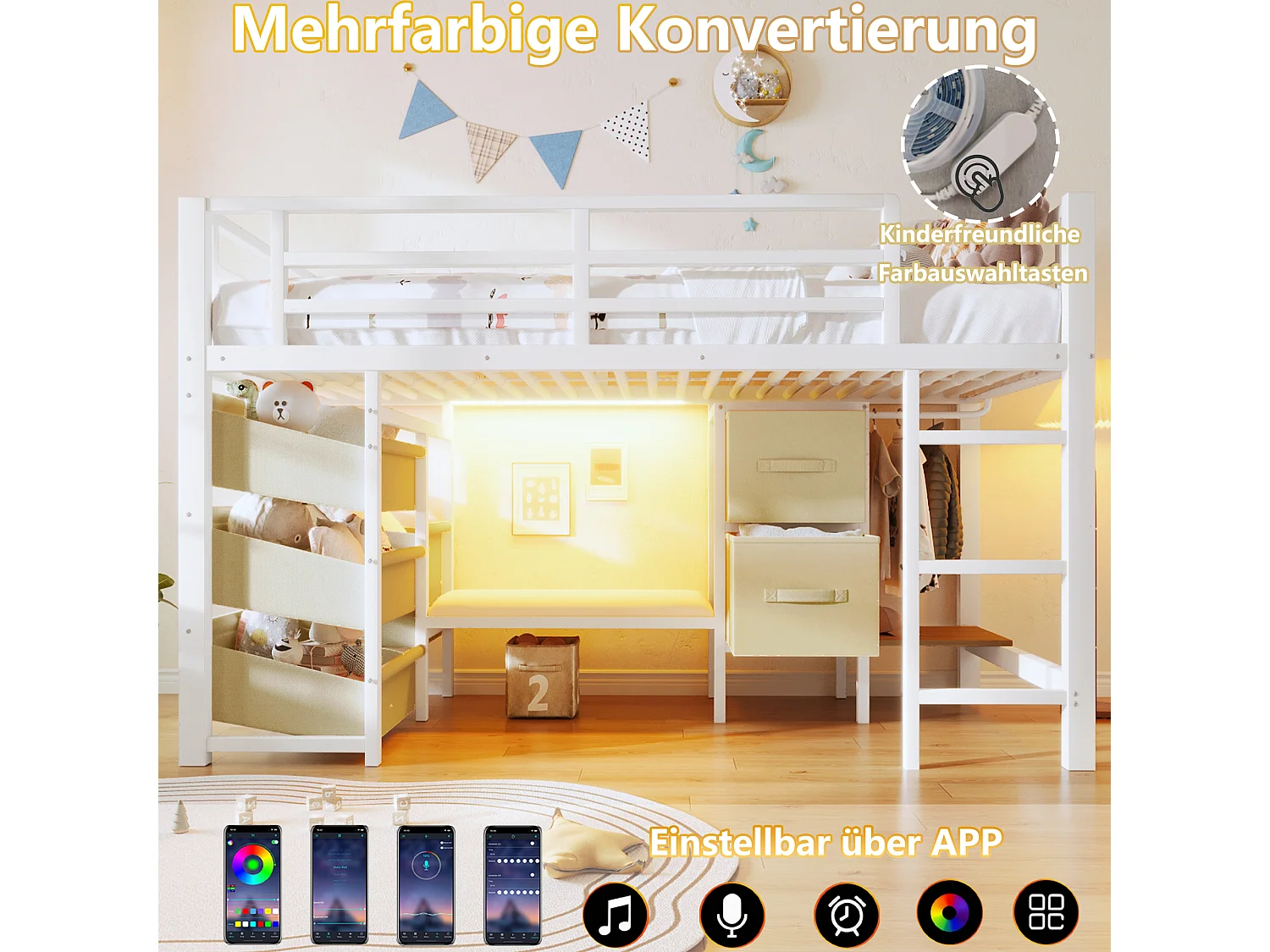 Lit mezzanine structure en métal - 90 x 200 cm - avec coussin d'assise + poche et tiroirs en tissu + Leds - Métal - blanc