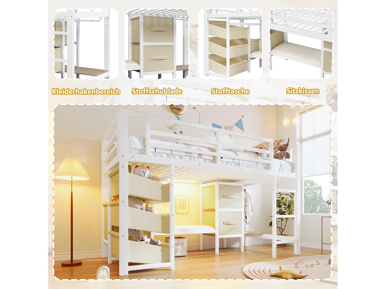 Lit mezzanine structure en métal - 90 x 200 cm - avec coussin d'assise + poche et tiroirs en tissu + Leds - Métal - blanc