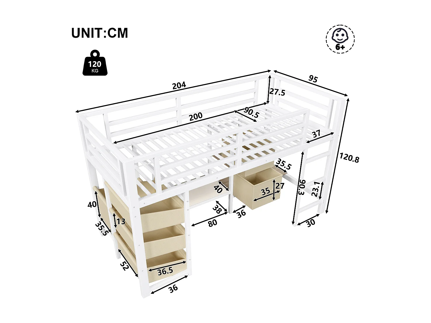 Lit mezzanine structure en métal - 90 x 200 cm - avec coussin d'assise + poche et tiroirs en tissu + Leds - Métal - blanc