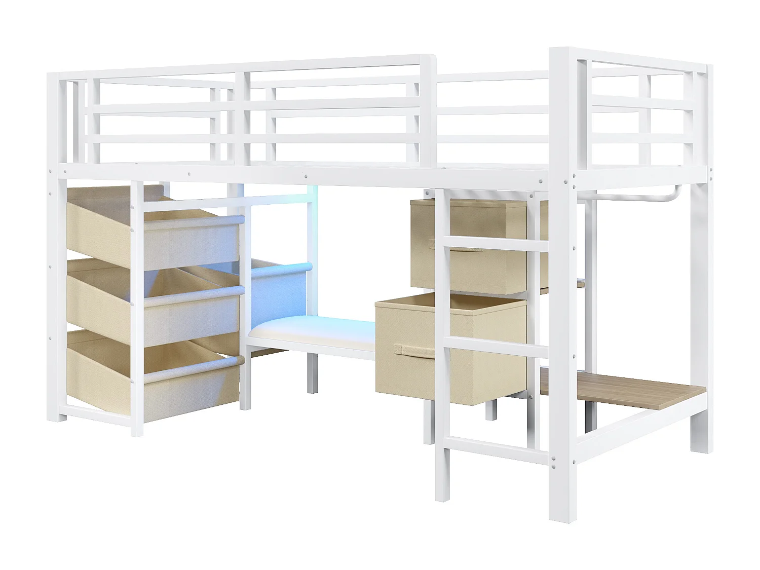 Lit mezzanine structure en métal - 90 x 200 cm - avec coussin d'assise + poche et tiroirs en tissu + Leds - Métal - blanc