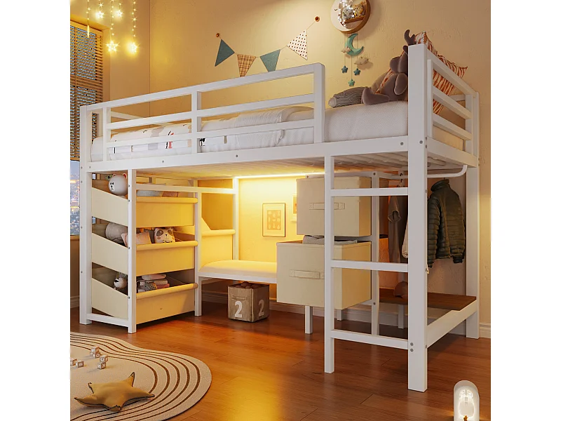 Lit mezzanine structure en métal - 90 x 200 cm - avec coussin d'assise + poche et tiroirs en tissu + Leds - Métal - blanc