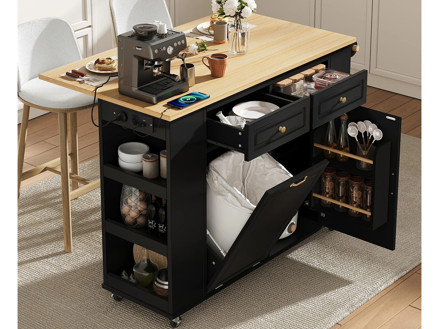 Mobile zentrale Kücheninsel 120x40x91,5cm - ausziehbares Tischblatt - mit Steckdose - multifunktionaler Stauraum - schwarz