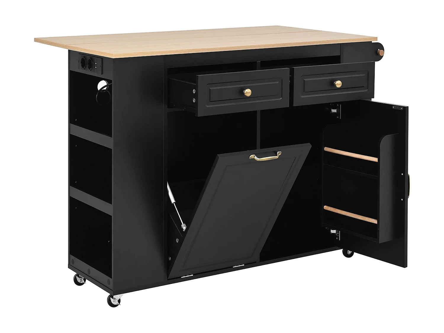 Mobile zentrale Kücheninsel 120x40x91,5cm - ausziehbares Tischblatt - mit Steckdose - multifunktionaler Stauraum - schwarz