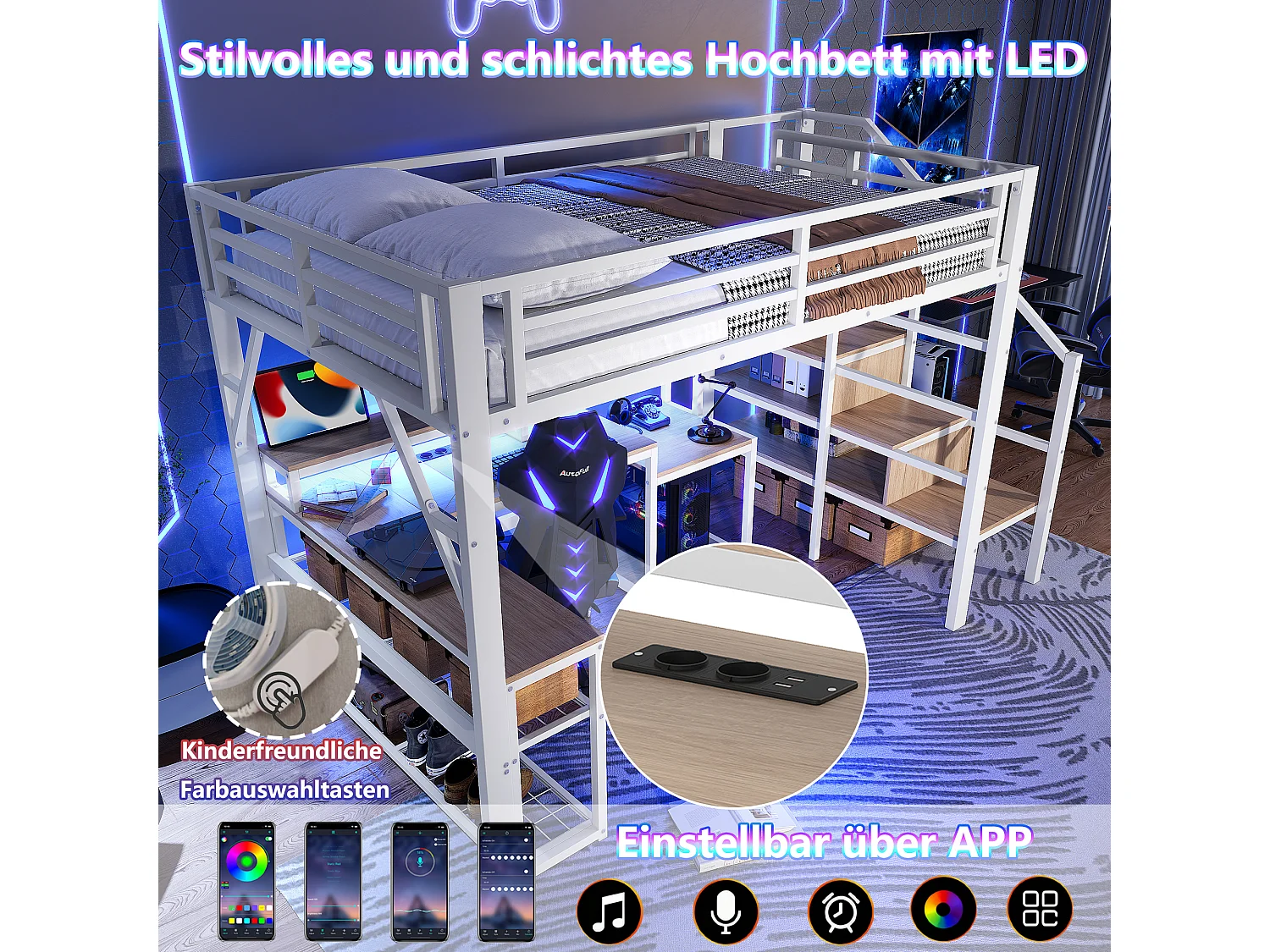 Lit mezzanine enfant - 140 x 200 cm - structure en fer - avec étagère + escalier de rangement + Leds + bureau + USB - métal - blanc