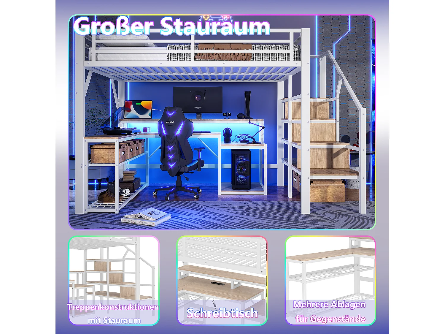 Lit mezzanine enfant - 140 x 200 cm - structure en fer - avec étagère + escalier de rangement + Leds + bureau + USB - métal - blanc