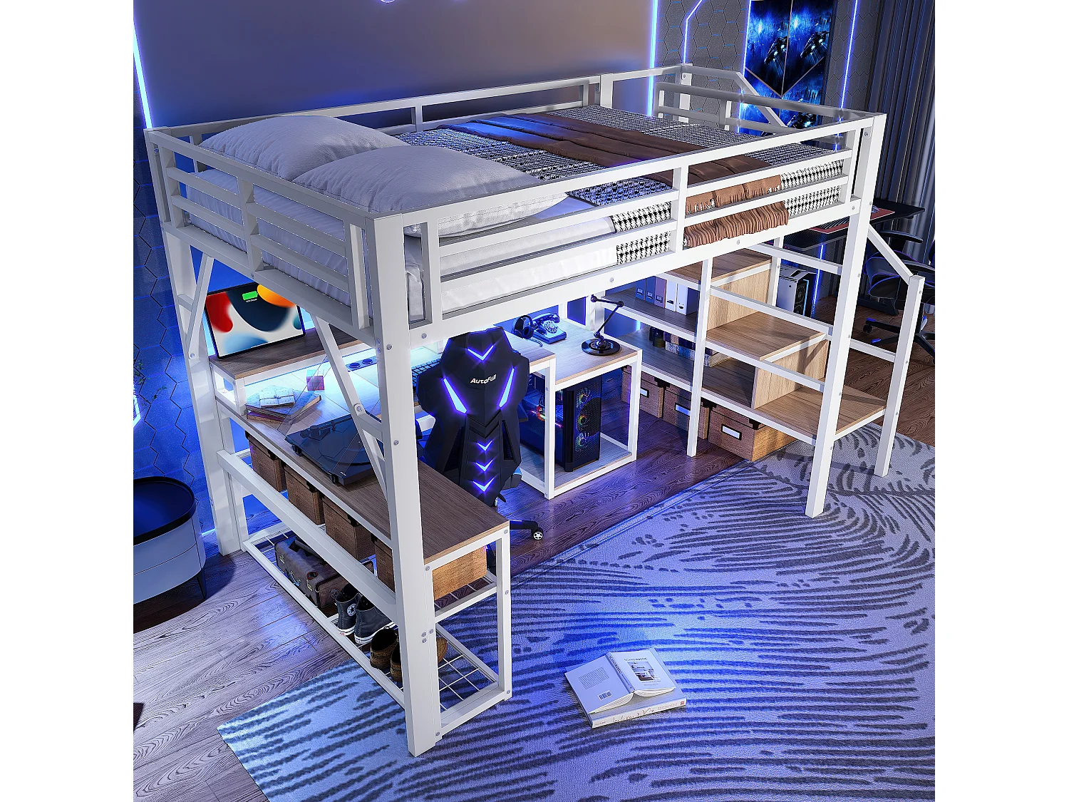 Lit mezzanine enfant - 140 x 200 cm - structure en fer - avec étagère + escalier de rangement + Leds + bureau + USB - métal - blanc