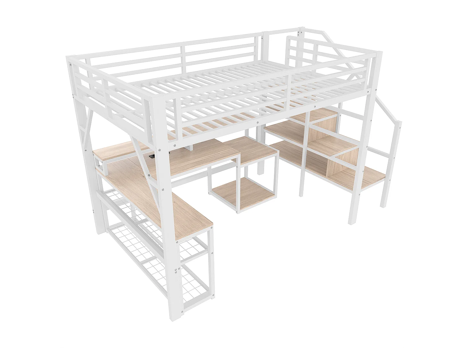 Lit mezzanine enfant - 140 x 200 cm - structure en fer - avec étagère + escalier de rangement + Leds + bureau + USB - métal - blanc