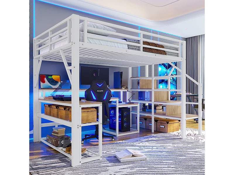 Lit mezzanine enfant - 140 x 200 cm - structure en fer - avec étagère + escalier de rangement + Leds + bureau + USB - métal - blanc