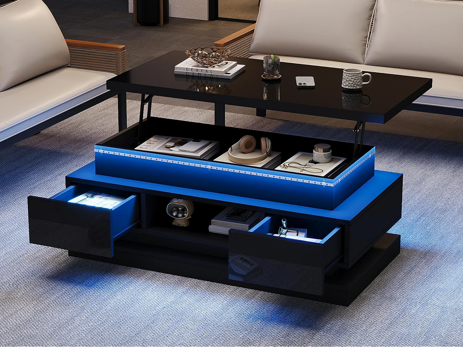 Höhenverstellbarer Couchtisch 100x50x40 cm - mit 2 Schubladen - LED-Beleuchtung - Hochglanzlackierung - Spanplatten - Schwarz