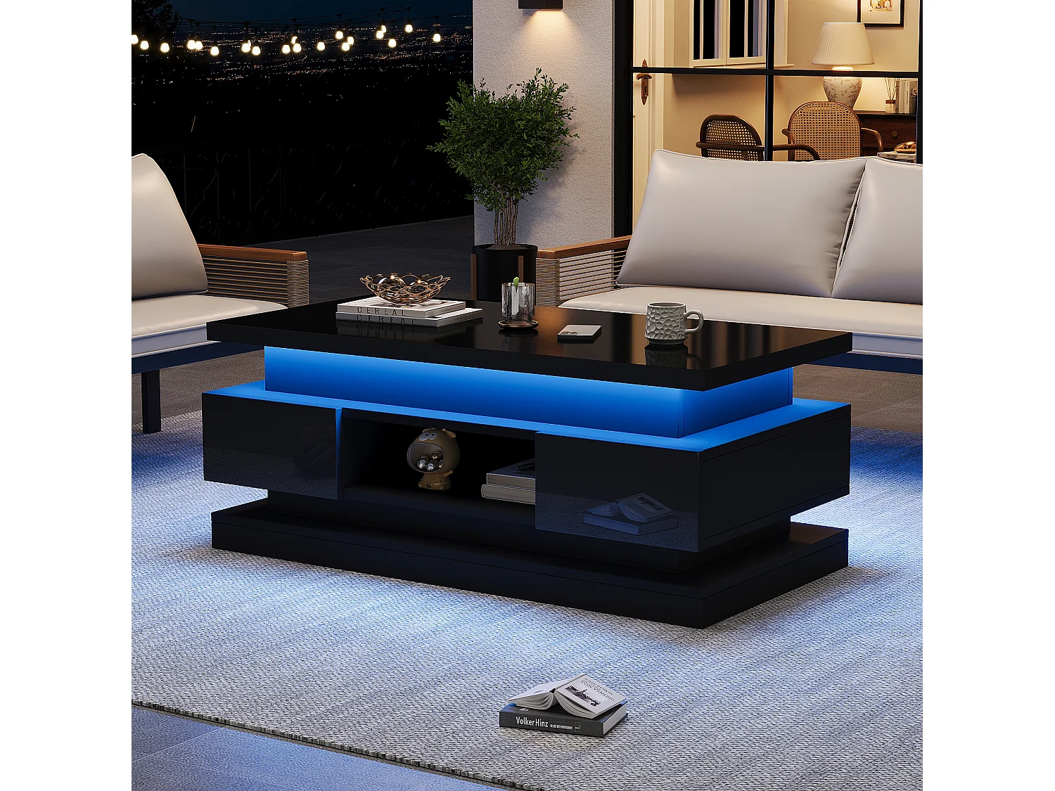 Höhenverstellbarer Couchtisch 100x50x40 cm - mit 2 Schubladen - LED-Beleuchtung - Hochglanzlackierung - Spanplatten - Schwarz
