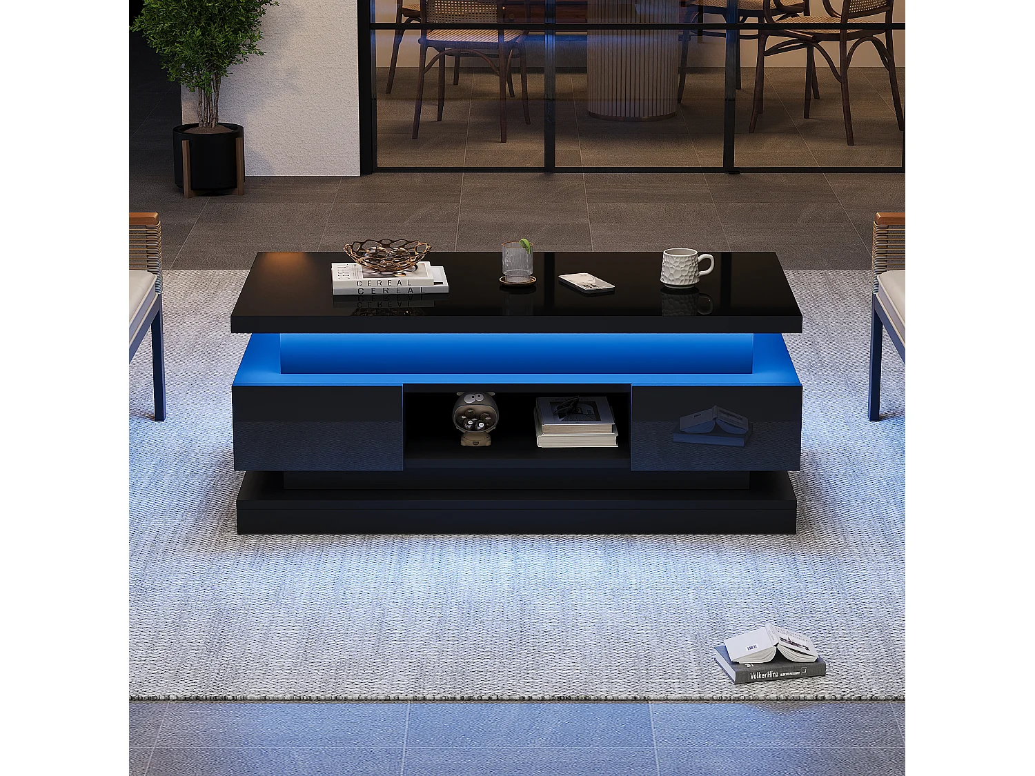 Höhenverstellbarer Couchtisch 100x50x40 cm - mit 2 Schubladen - LED-Beleuchtung - Hochglanzlackierung - Spanplatten - Schwarz