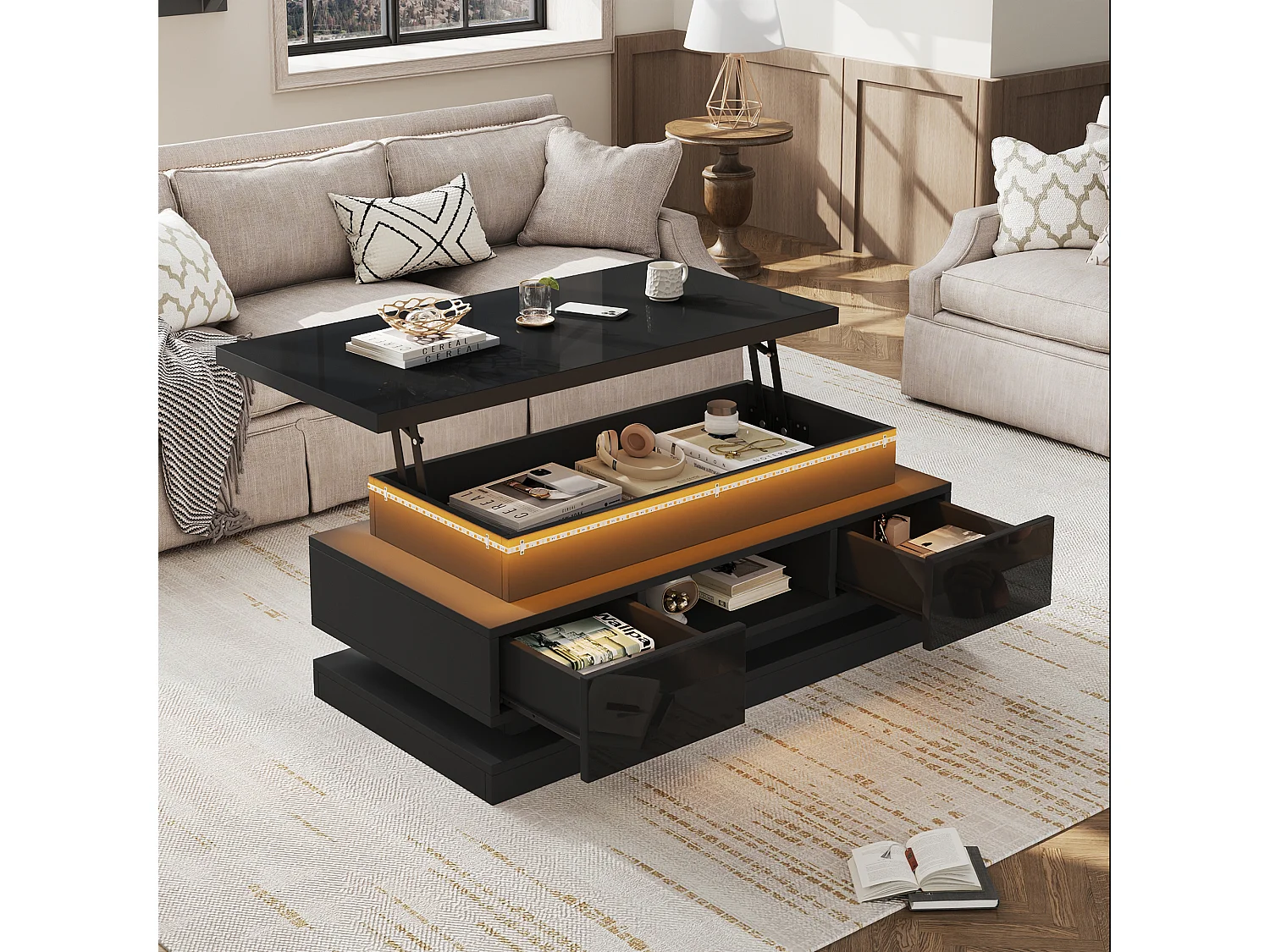 Höhenverstellbarer Couchtisch 100x50x40 cm - mit 2 Schubladen - LED-Beleuchtung - Hochglanzlackierung - Spanplatten - Schwarz