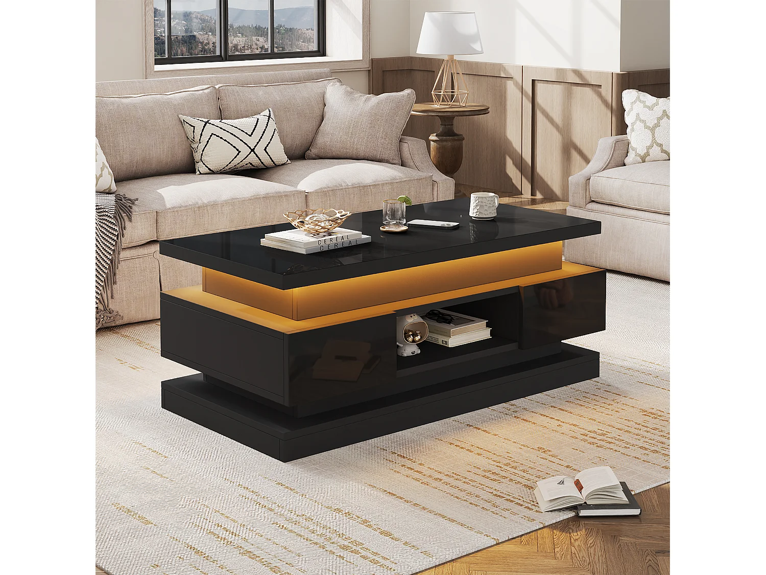 Höhenverstellbarer Couchtisch 100x50x40 cm - mit 2 Schubladen - LED-Beleuchtung - Hochglanzlackierung - Spanplatten - Schwarz