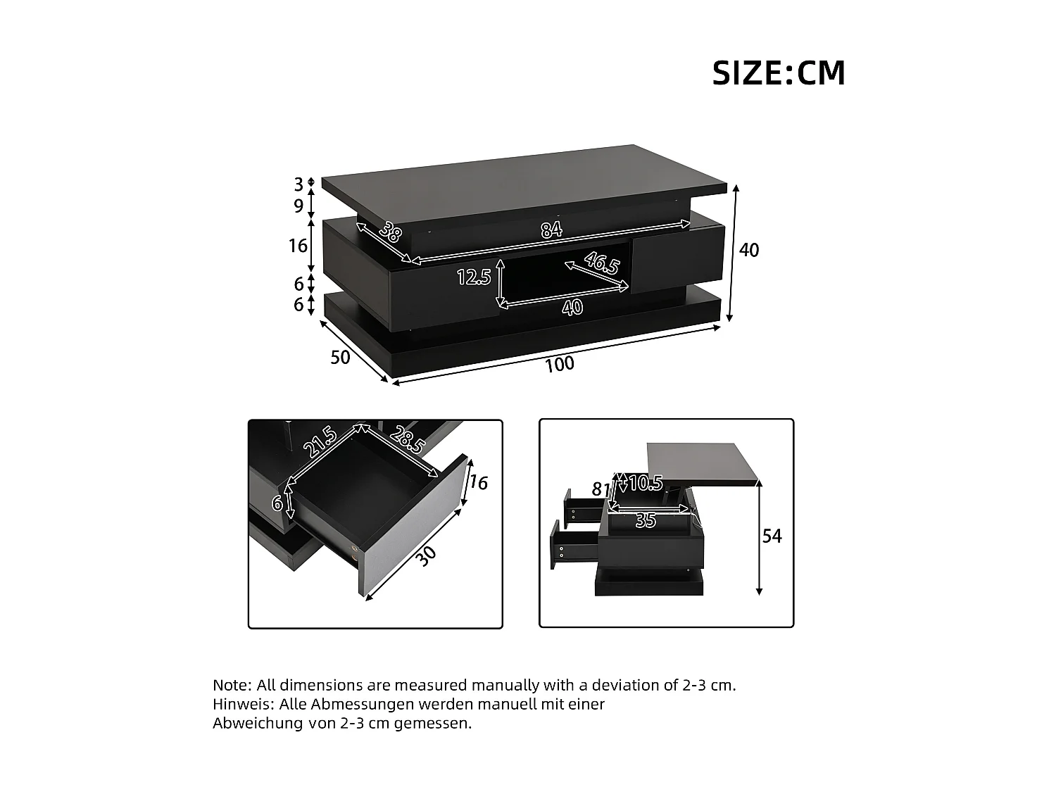 Höhenverstellbarer Couchtisch 100x50x40 cm - mit 2 Schubladen - LED-Beleuchtung - Hochglanzlackierung - Spanplatten - Schwarz