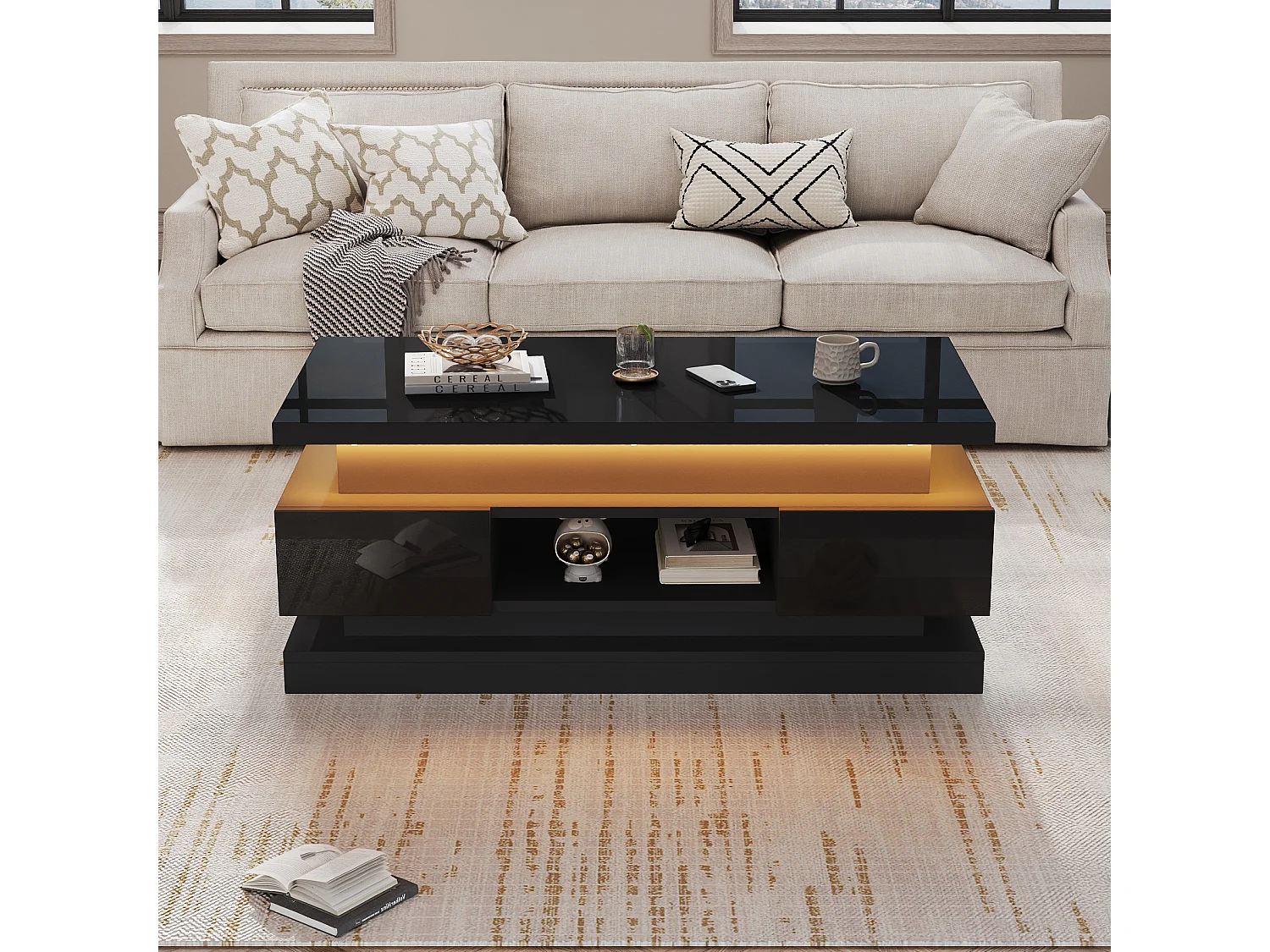 Höhenverstellbarer Couchtisch 100x50x40 cm - mit 2 Schubladen - LED-Beleuchtung - Hochglanzlackierung - Spanplatten - Schwarz